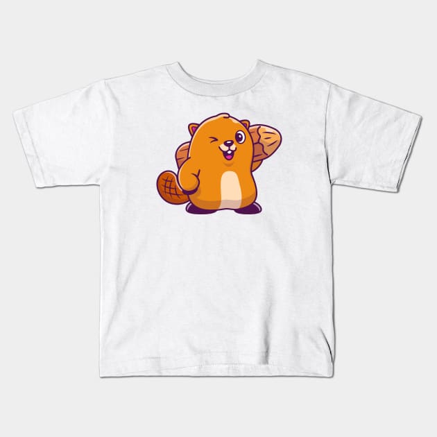 Cute Beaver Holding Wood Cartoon Kids T-Shirt by Catalyst Labs